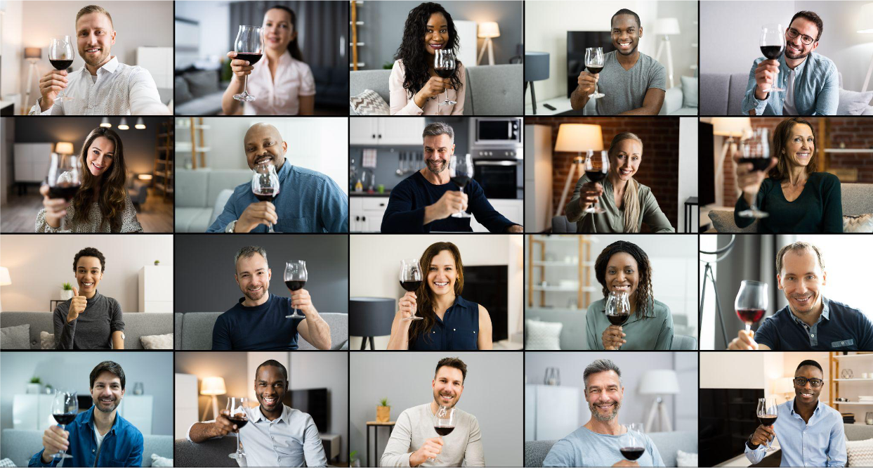 many people on a zoom call holding wine glasses